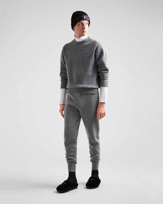 Prada Gray Logo Patch Knitted Track Pants for men
