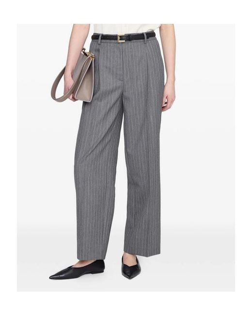 Anine Bing Gray Pinstriped Pleated Trousers