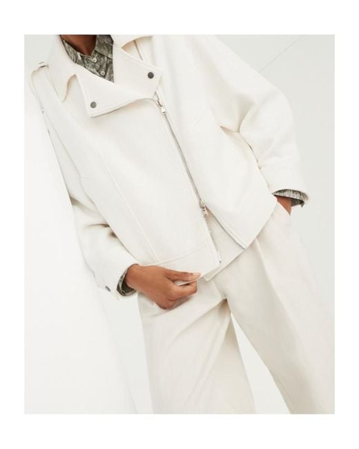 Brunello Cucinelli White Long-Sleeved Zipped Biker Jacket