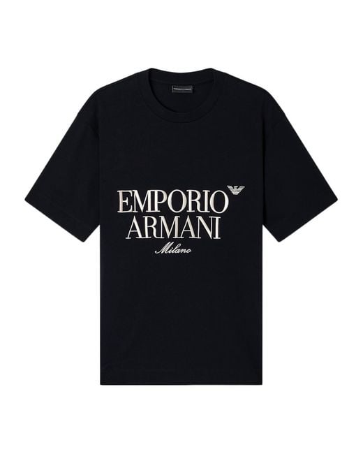 Emporio Armani Black Logo Embroidered Crewneck T-Shirt for men