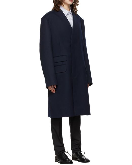 Maison Margiela Blue Collarless Single Breasted Coat for men