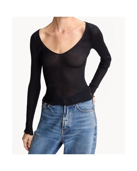 Saint Laurent Black Cassandre V-Neck Ribbed Top