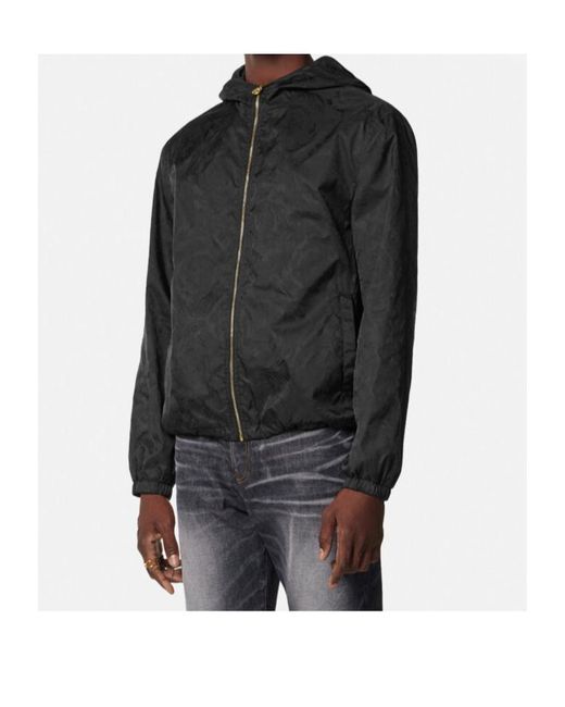 Versace Black Barocco Pattern Zip-Up Hooded Jacket for men