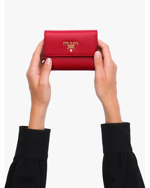 Prada Red Logo Plaque Tri-Fold Wallet
