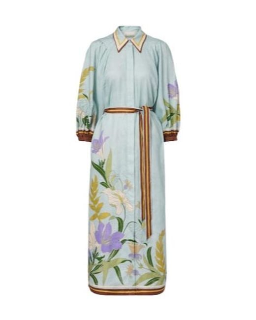 ALÉMAIS Blue Belted Floral Linen Shirt Dress