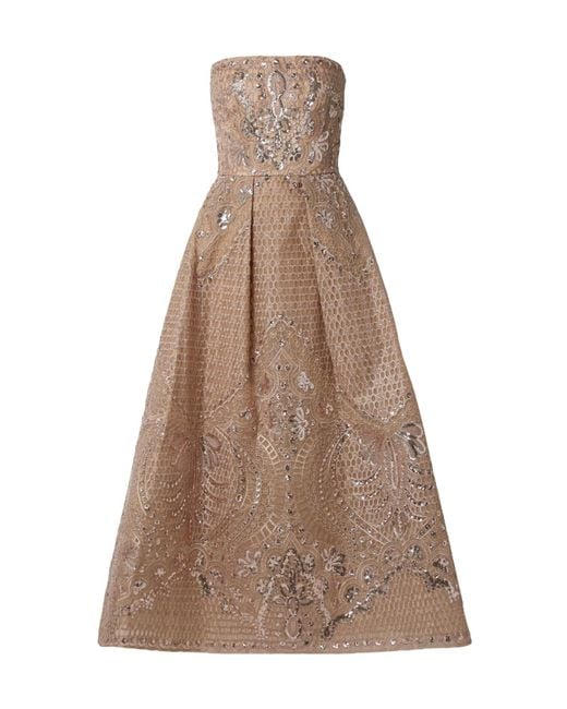 Elie Saab Brown Strapless Sequined Embroidered Tulle Midi Dress
