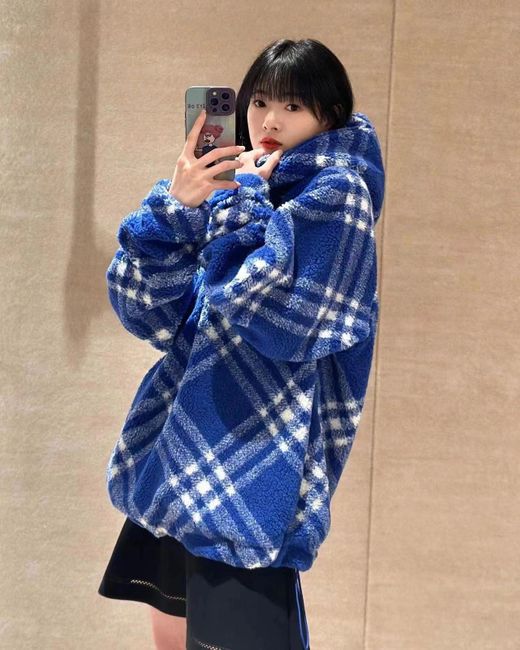 Burberry Blue Checked Faux-Shearling Hoodie for men