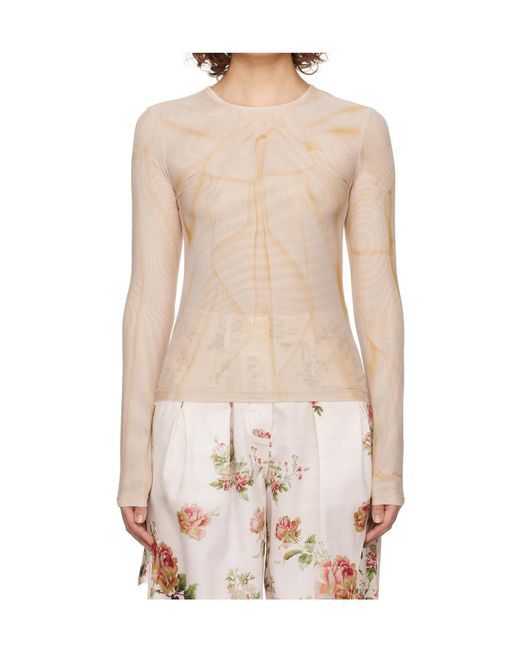 OPEN YY White Ribbon Print Mesh Long-Sleeved T-Shirt