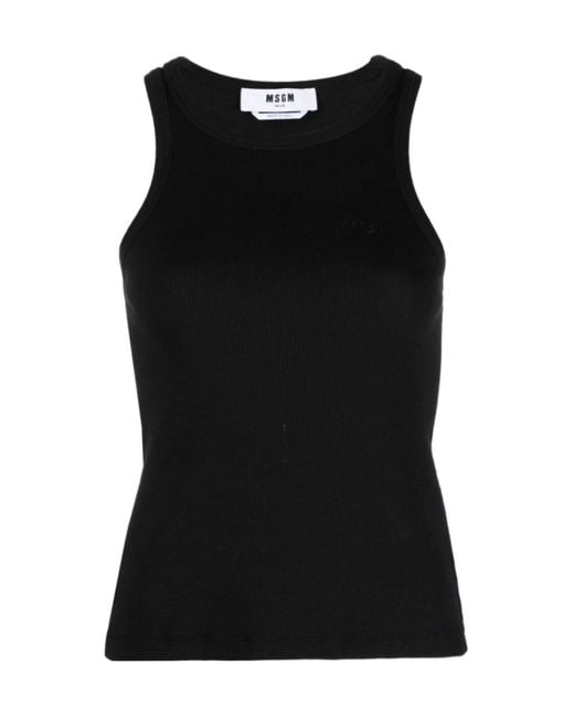 MSGM Black Logo Embroidered Sleeveless Ribbed Tank Top