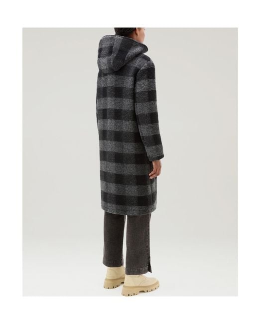 Woolrich Black Checked Hooded Wool-Blend Coat