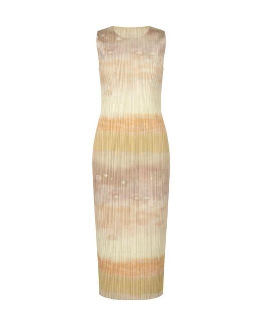 Pleats Please Issey Miyake Natural Pleated Abstract-Print Midi Dress