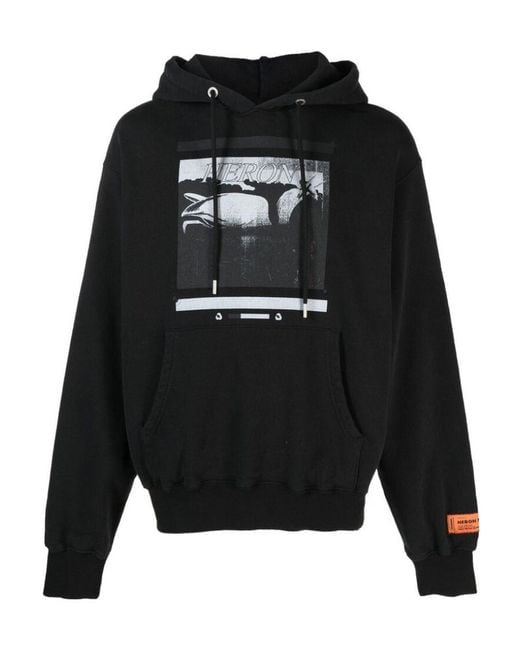 Heron Preston Black Graphic Printed Drawstring Hoodie for men