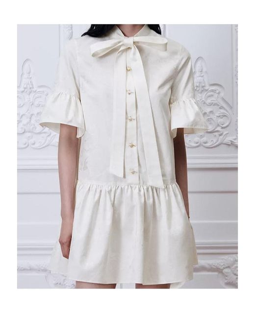 Dior White Qixi Short Flared Dress With Bow Collar