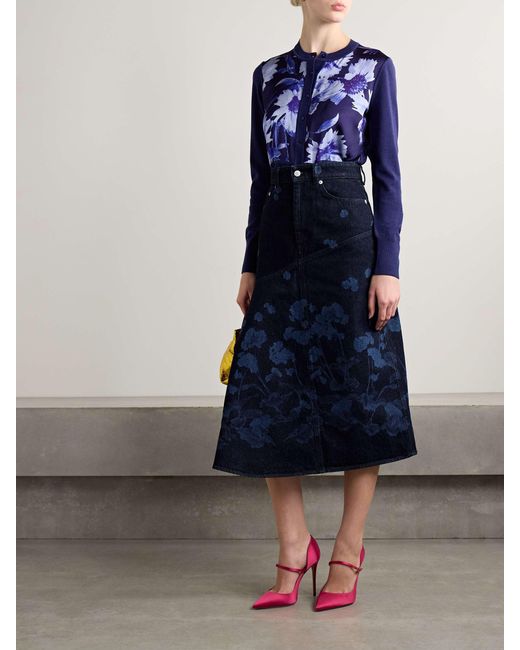 Erdem Blue Paneled Floral-Print Denim Midi Skirt
