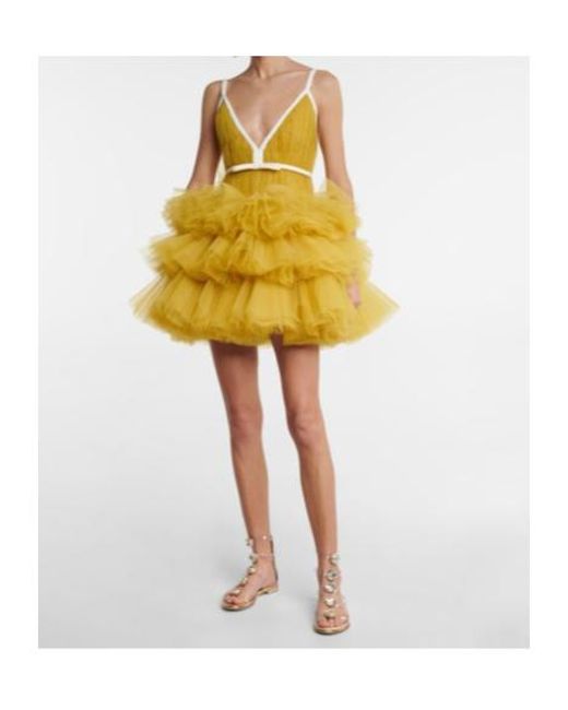 Giambattista Valli Yellow V-Neck Ruffled Tulle Minidress