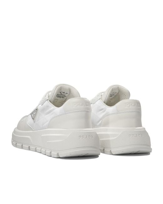 Prada White Triangle-Logo Round-Toe Lace-Up Sneakers