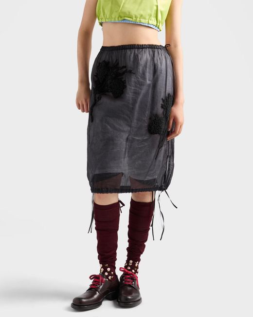 Prada Black Embroidered Organdy Midi-Skirt