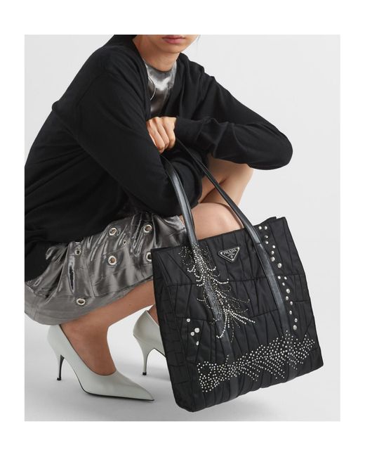 Prada Black Medium Re-Nylon Patchwork Tote Bag With Embroidery