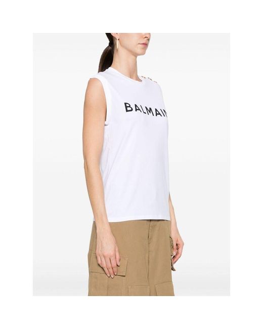 Balmain White Logo Printed Tank Top