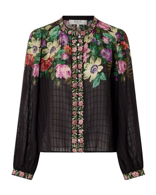 Sea Black Viktoria Embroidered Floral-Print Voile Blouse