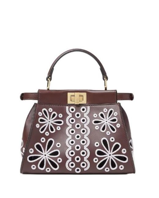 Fendi Brown Mini Peekaboo Flower Design Tote Bag