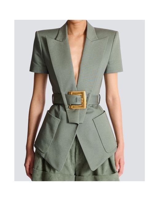 Balmain Gray Belted Gabardine Anthem Jacket