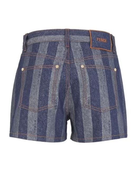 Fendi Blue Logo Embroidered Striped Denim Shorts