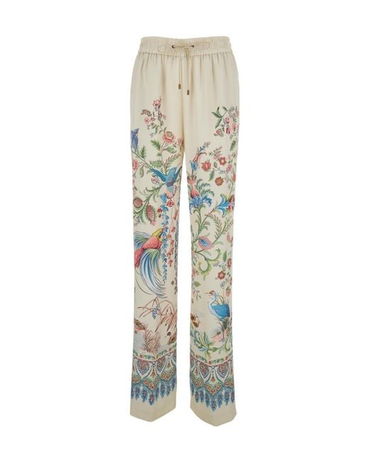 Etro White Pants With Elastic Drawstring Waist And All-Over Floral Print