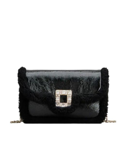 Roger Vivier Black Jeu De Fille Viv' Shearling Strass Buckle Clutch Bag