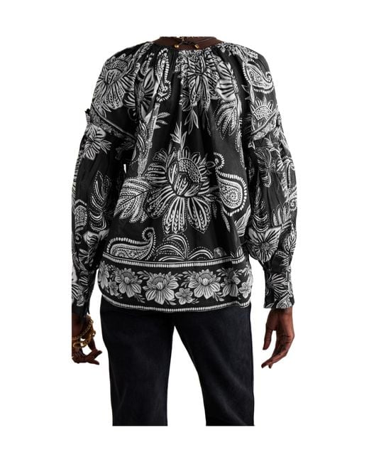 Farm Rio Gray Tie-Detailed Bead-Embellished Printed Cotton-Voile Blouse
