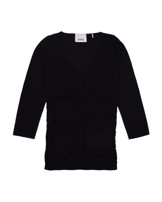 Isabel Marant Black Gathered-Detailed Long-Sleeved Crewneck Top