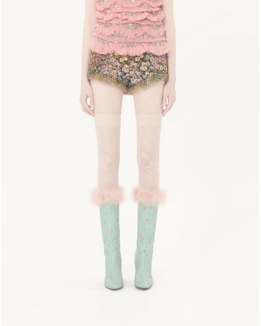 Valentino Natural Floral Patterned Fringed Hem Shorts
