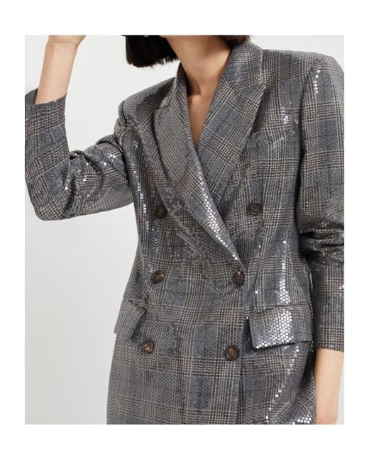Brunello Cucinelli Gray Sequin-Embellished Check-Pattern Blazer