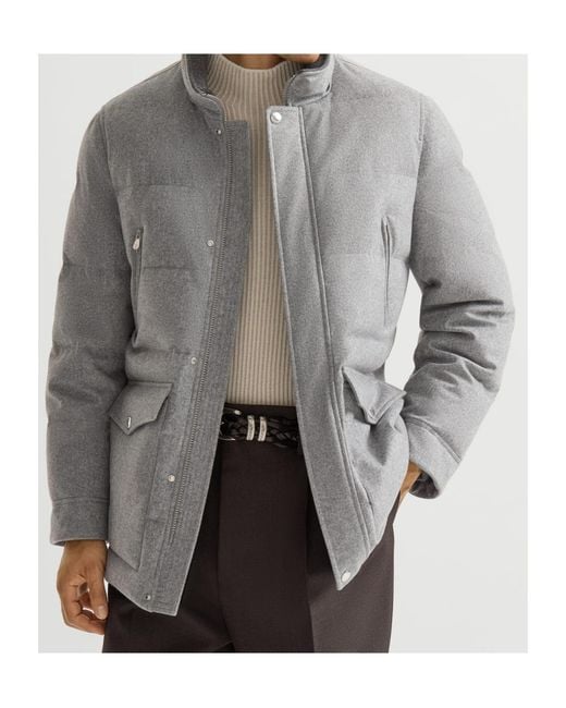 Brunello Cucinelli Gray Hooded Padded Coat for men