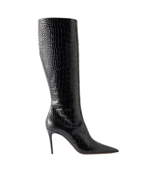 Paris Texas Black Croc-Effect Leather Knee Boots