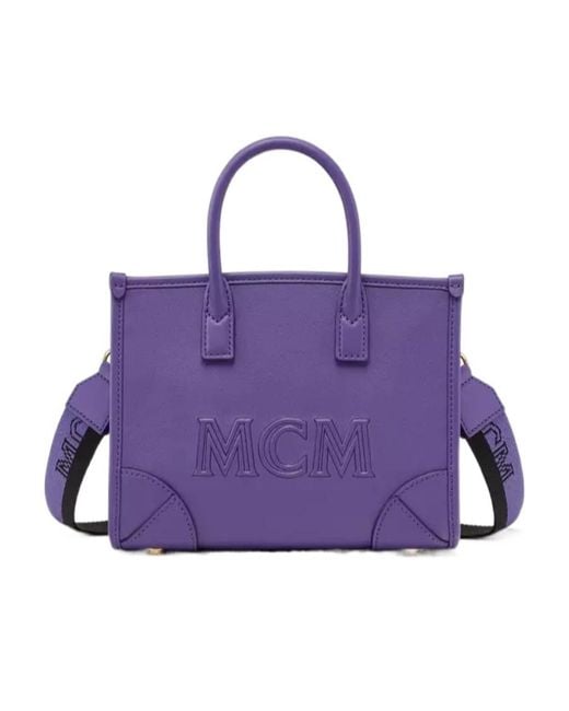 MCM Purple Logo-Embossed Leather Tote Bag