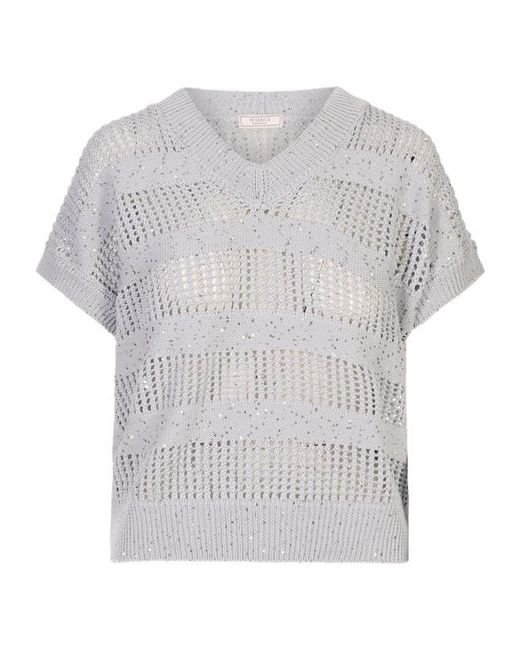 Peserico Gray Short-Sleeved V-Neck Open Knit Top