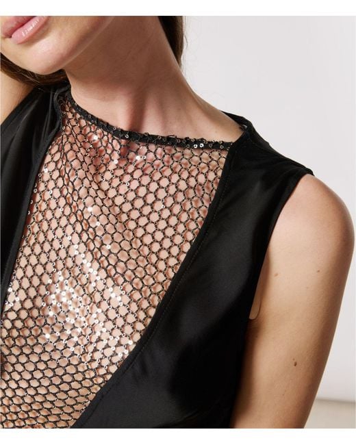 ROTATE BIRGER CHRISTENSEN Black Sequined V-Neck Sleeveless Midi Dress