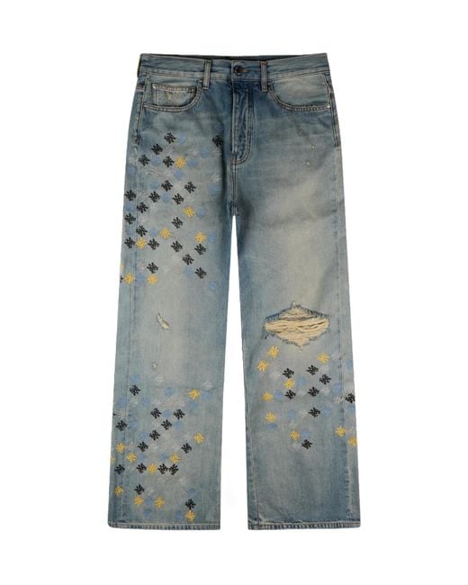 Amiri Blue Ma Quad Embroidered Distressed Flared Jeans for men