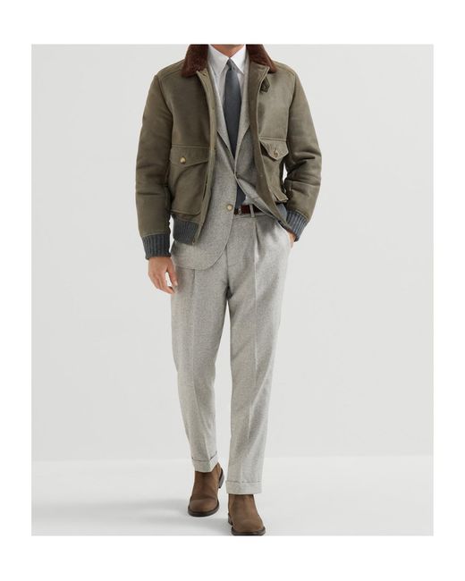 Brunello Cucinelli Gray Silk And Cashmere Cavalry Tweed Deconstructed Blazer With Large Peak Lapels for men