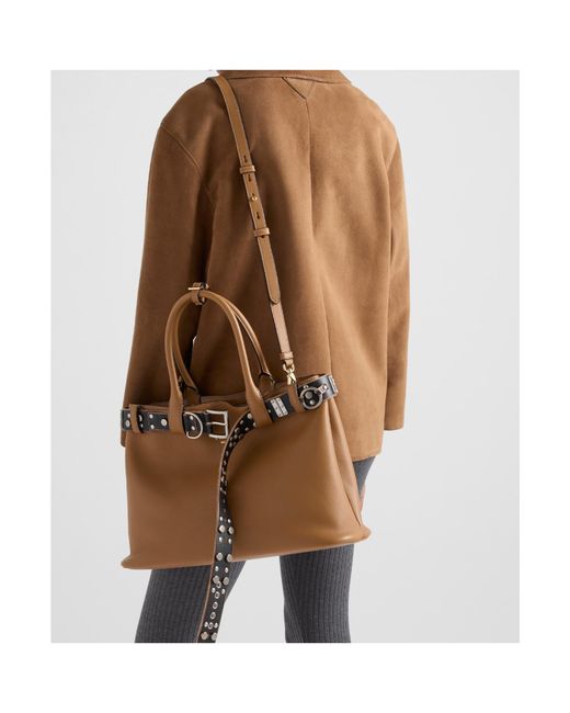 Prada Brown Buckle Large Leather Bag With Studded Belt