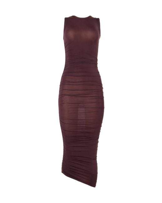 Wolford Red Asymmetric Ruched Midi Dress