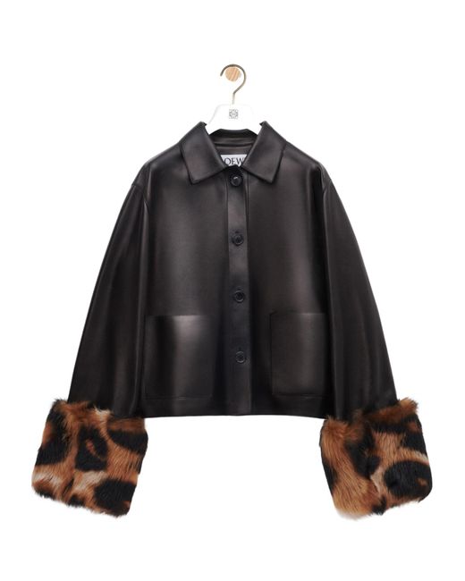 Loewe Black Leopard-Print Shearling-Trimmed Glossed-Leather Jacket