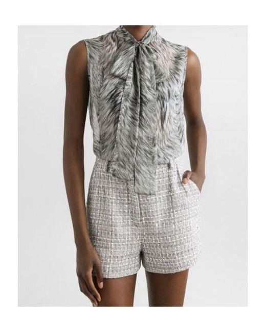 Dolce & Gabbana Gray Fur-Printed Chiffon Pussy-Bow Shirt