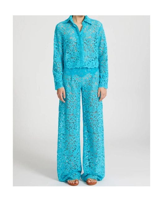 Ermanno Scervino Blue Scalloped Macramé Wide-Leg Pants
