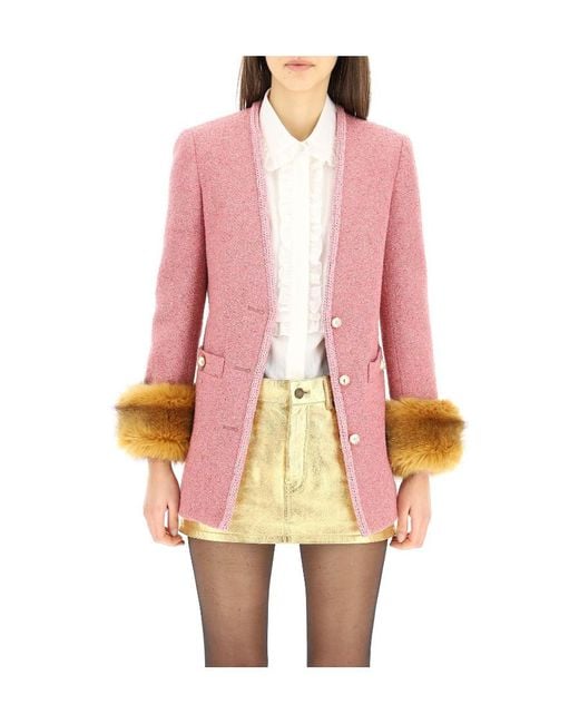 Saint Laurent Pink Faux-Fur Detail Fitted Jacket
