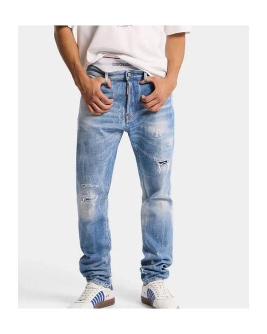 DSquared² Blue Teddy Distressed Straight-Leg Jeans for men