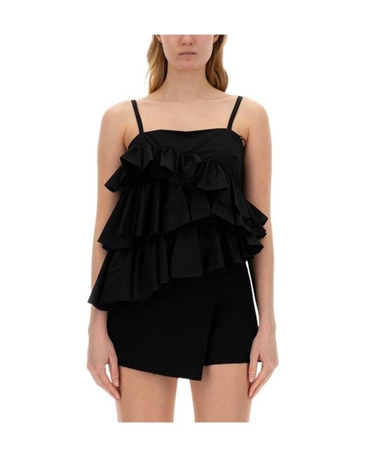 MSGM Black Asymmetric Ruffled Spaghetti Straps Top