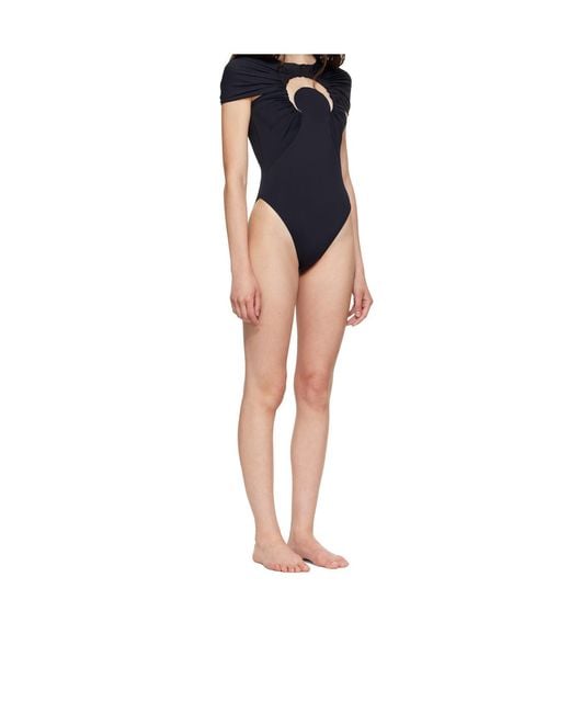 MARINE SERRE Black Short-Sleeved Knitted One-Piece Swimsuit