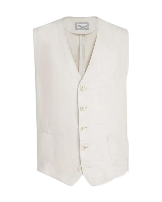 Brunello Cucinelli White Linen Micro Chevron Waistcoat for men